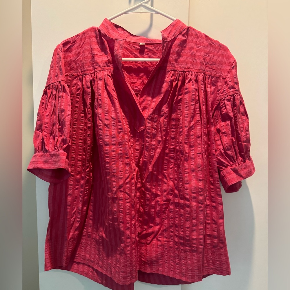 Pink V-Neck, puff sleeve Blouse
